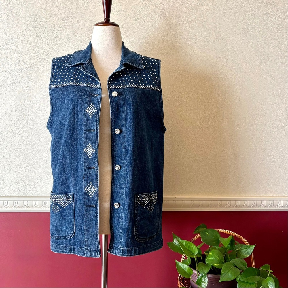 Vintage Katina Marie Blue Denim Rhinestone Embellished Vest USA Made Y2K Western